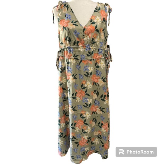 Frye Women’s Drawstring Waist V-Neck Midi Dress Last Dance Sage Floral - Picture 2 of 7
